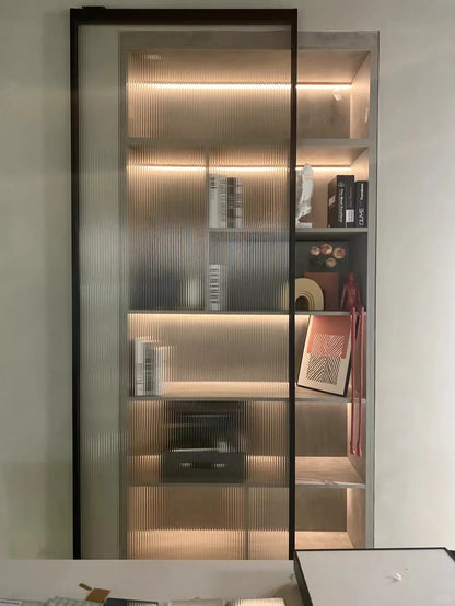 Rothnow® Aluminum Door 16x45 Series with slim frame and waved clear glass, white finish, modern ghost door design.