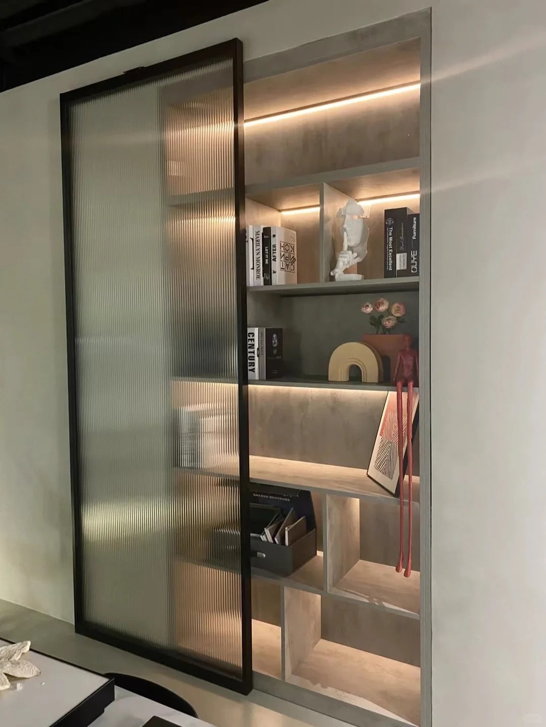 Rothnow aluminum door with slim white frame, waved glass design, 16x45 series, 900mm wide and 2200mm high, modern architectural door