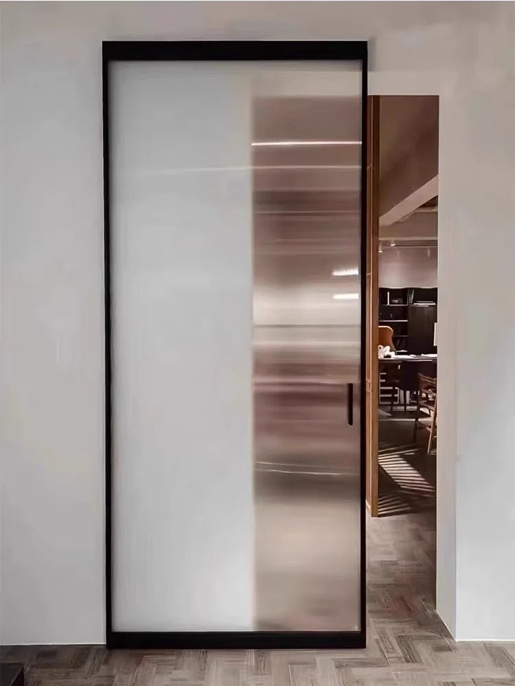 Rothnow aluminum door with slim white oil sand frame and clear glass, 16x45 series ghost door design.