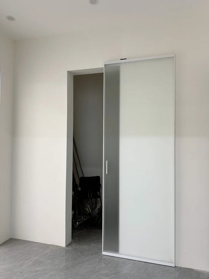 Rothnow® Aluminum Door 16x45 Series Slim Frame Ghost Door with white oil sand finish and clear glass panel.