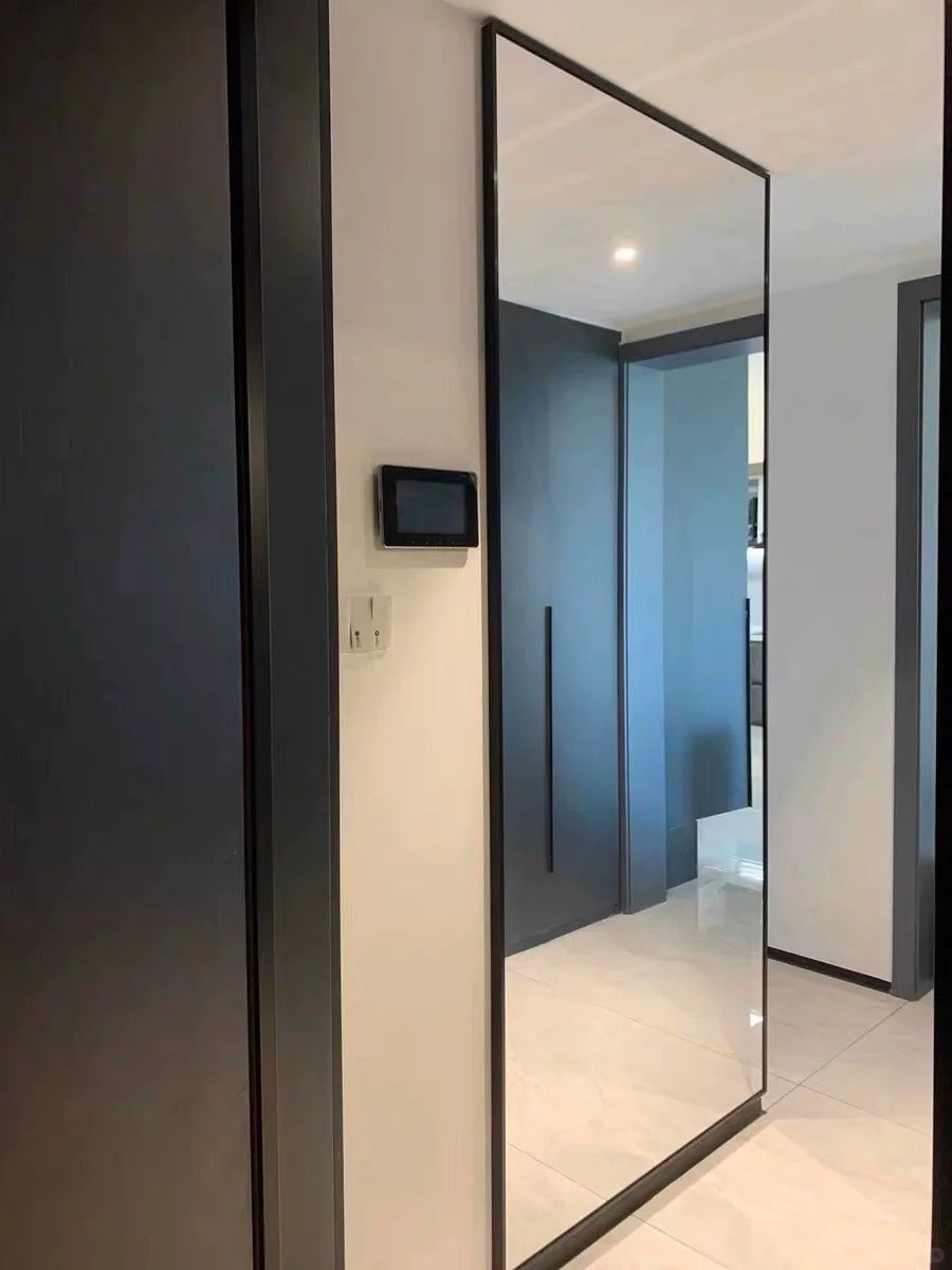 Rothnow® aluminum door with mirrored glass, 16x45 series super slim frame, white finish, and clear glass skin.