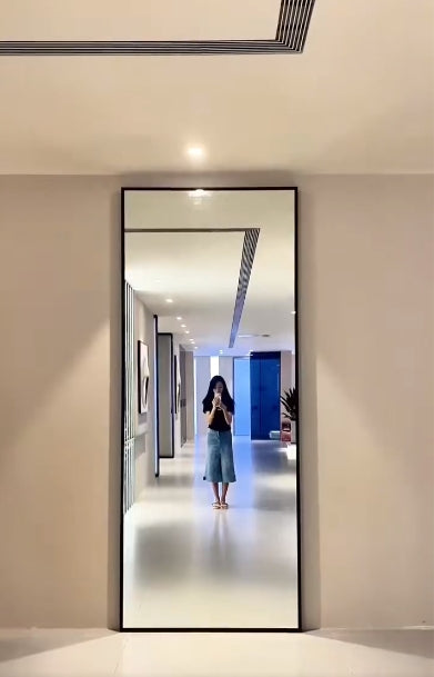 Rothnow® Aluminum Door 16x45 Series with super slim frame, mirrored glass and clear glass skin in white, sleek modern design.