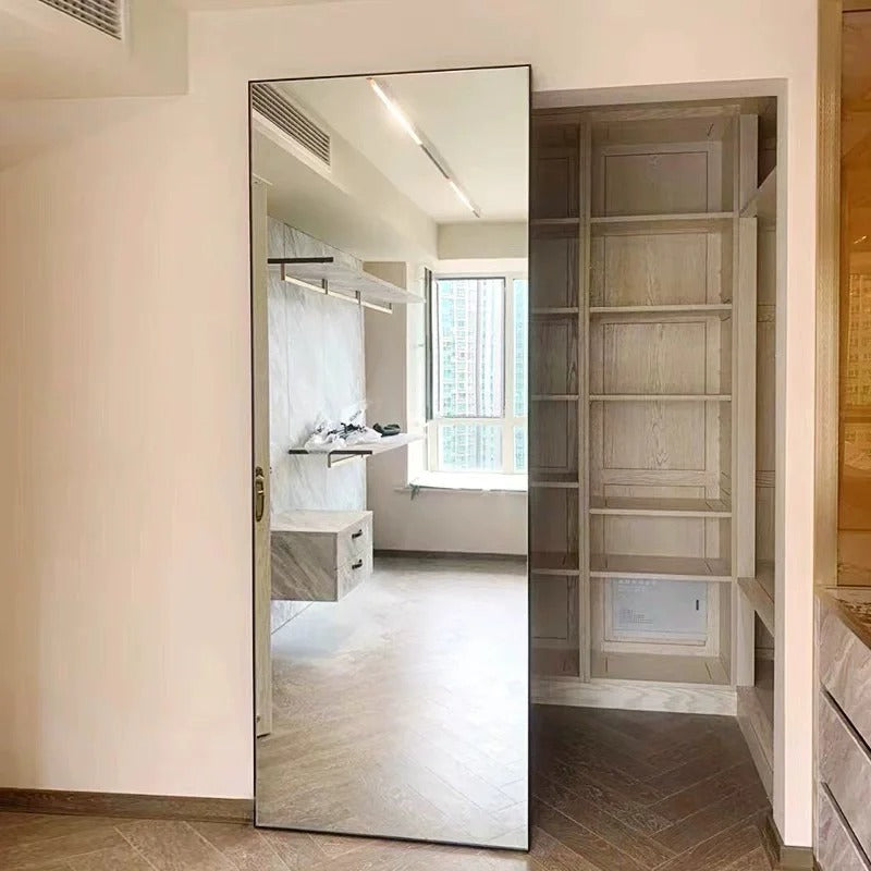 Rothnow aluminum door with 16x45 series super slim frame, mirrored glass, white finish, and clear glass skin design.