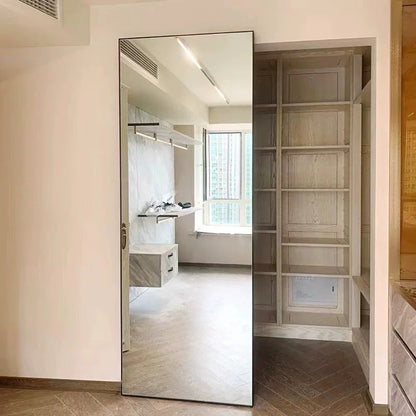 Rothnow aluminum door with 16x45 series super slim frame, mirrored glass, white finish, and clear glass skin design.