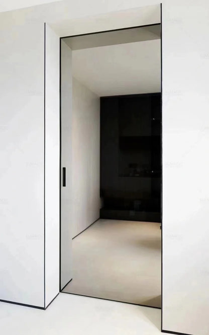 Rothnow® Aluminum Slim Frame Ghost Door with mirrored glass, 7x45 series, white finish, sleek modern design.