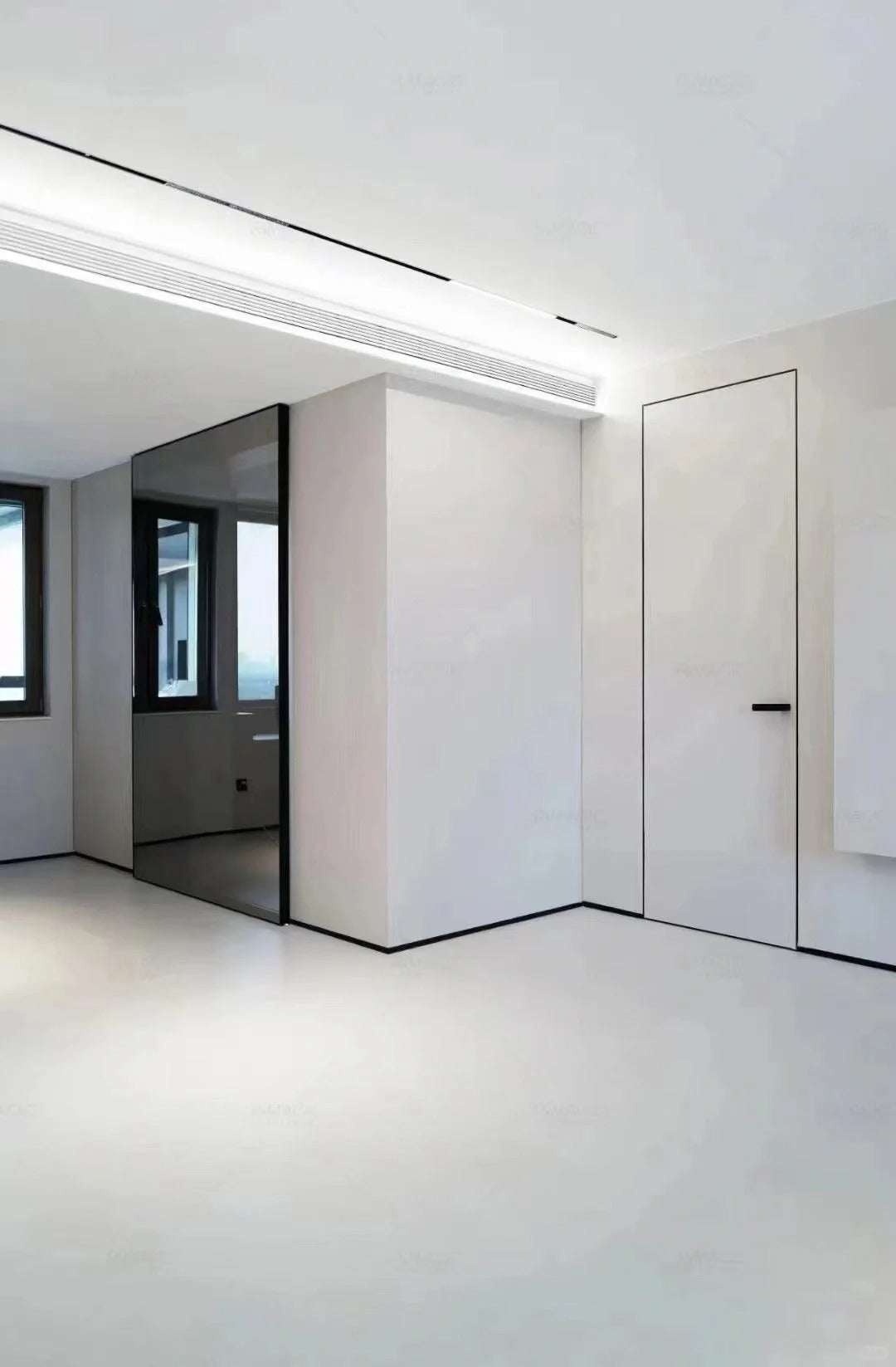 Rothnow® Aluminum Door 7x45 Series with slim frame and ghost mirrored glass, white finish, tall modern design for interior or exterior use.