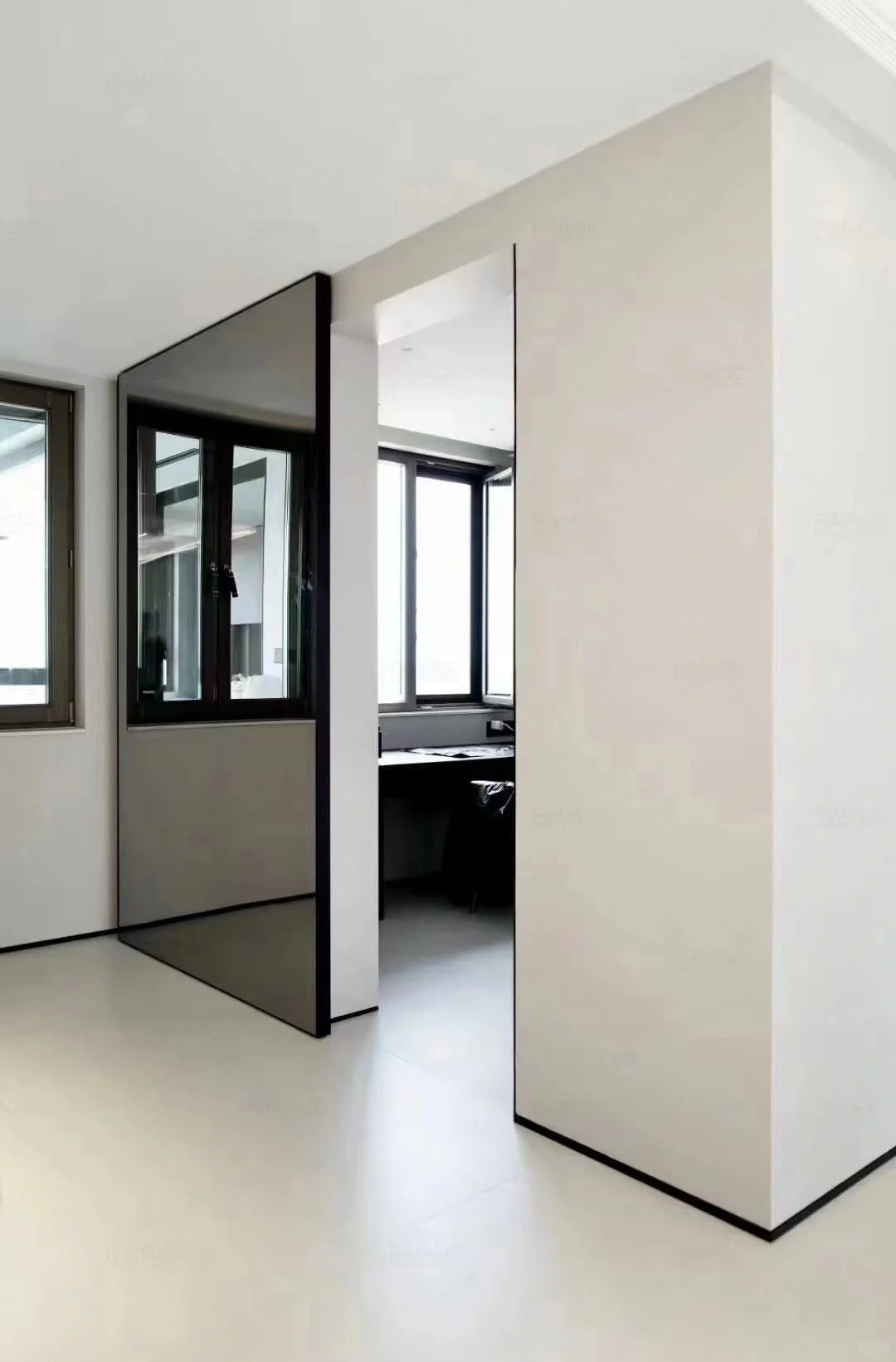 Rothnow aluminum door with 7x45 series slim frame, mirrored glass, and clear glass skin in white, 900mm width by 2200mm height.