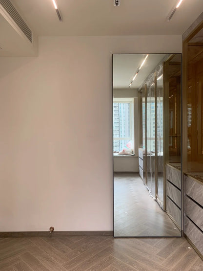 Rothnow® Aluminum Door 7x45 Series with slim frame, mirrored glass, and clear glass skin, white finish, modern ghost door design.