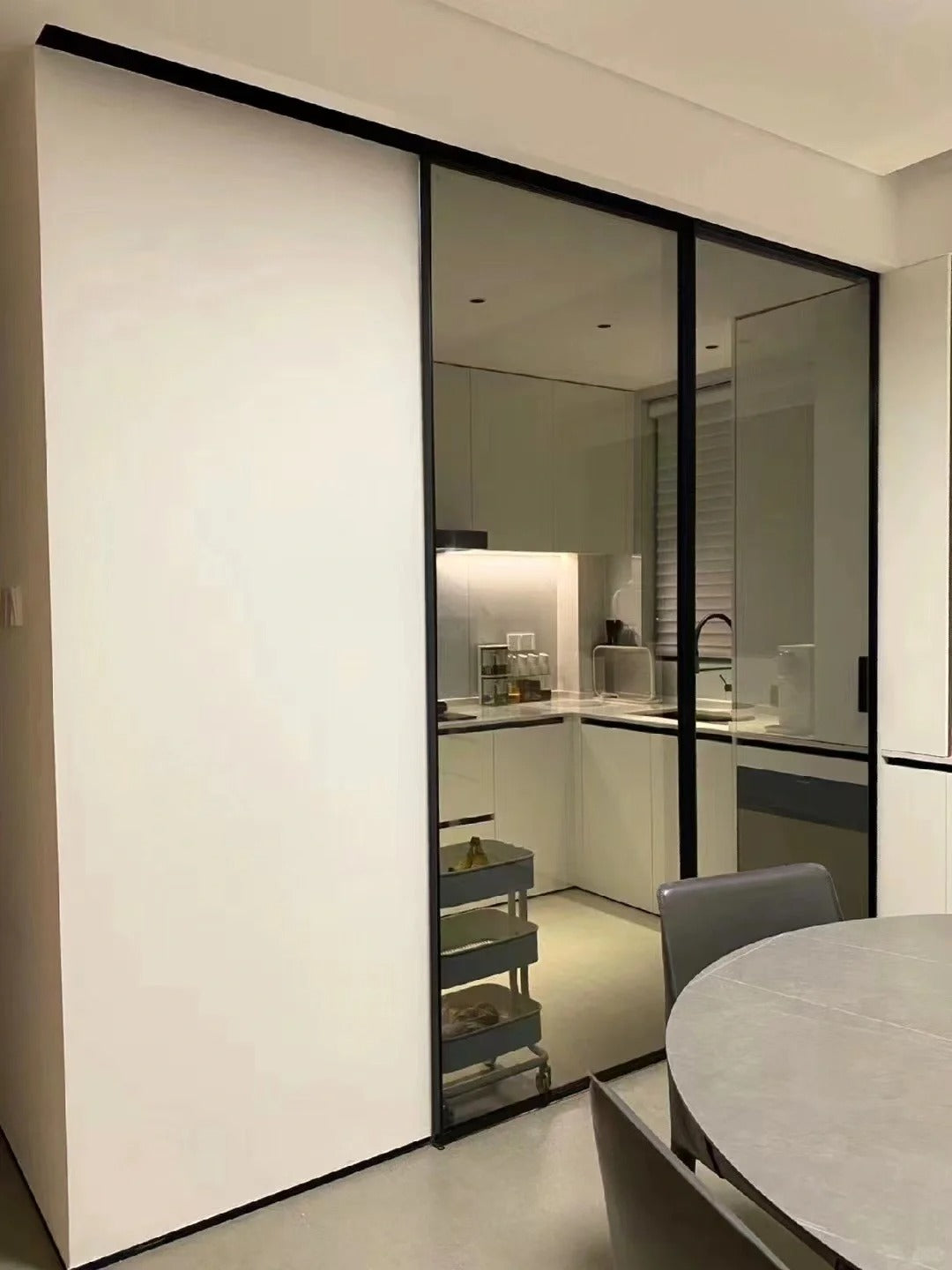 Rothnow® Aluminum Door 7x45 Series with white finish, clear glass, super slim frame, ideal for barn door interior spaces