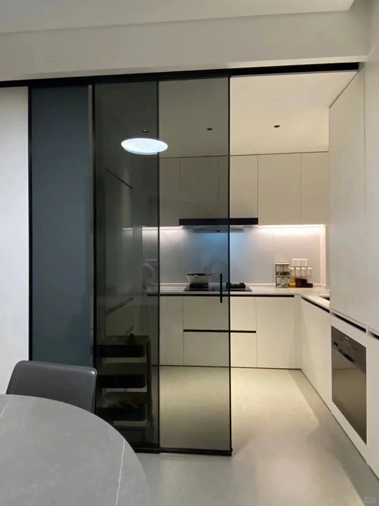 Rothnow aluminum barn door with clear glass, 7x45 series, white finish, slim frame, 900mm wide and 2200mm high for interior use