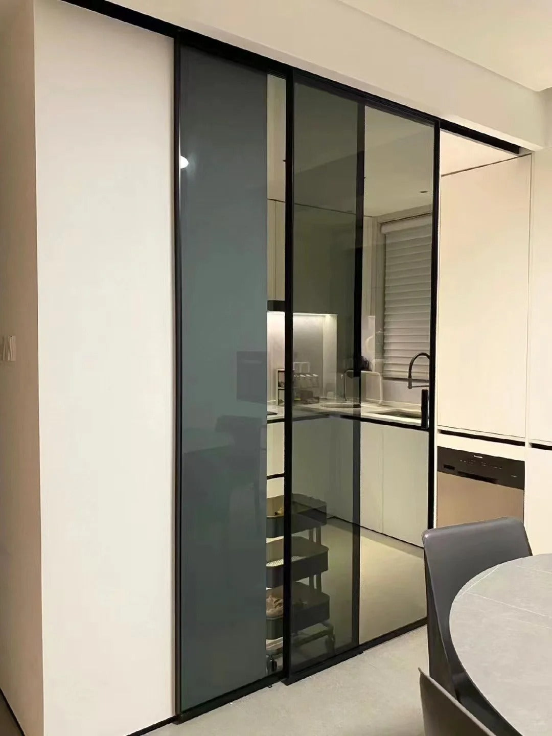 Rothnow aluminum door with clear glass skin, 7x45 series super slim frame barn door, white finish, modern and sleek design
