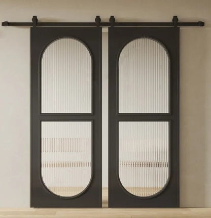 Rothnow aluminum door from the 7x45 Series with clear glass, white finish, super slim frame, barn door style, Classic Series.