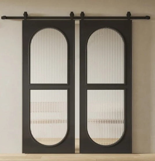 Rothnow aluminum door from the 7x45 Series with clear glass, white finish, super slim frame, barn door style, Classic Series.