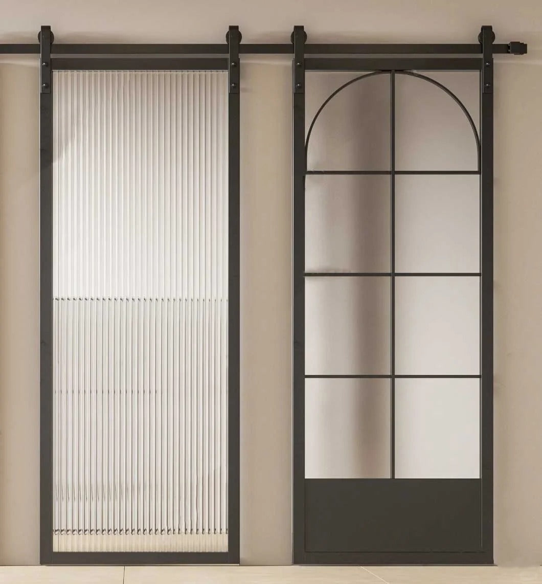 Rothnow® Aluminum Door from 7x45 Series with clear glass, slim frame, white finish, designed for barn or interior space.