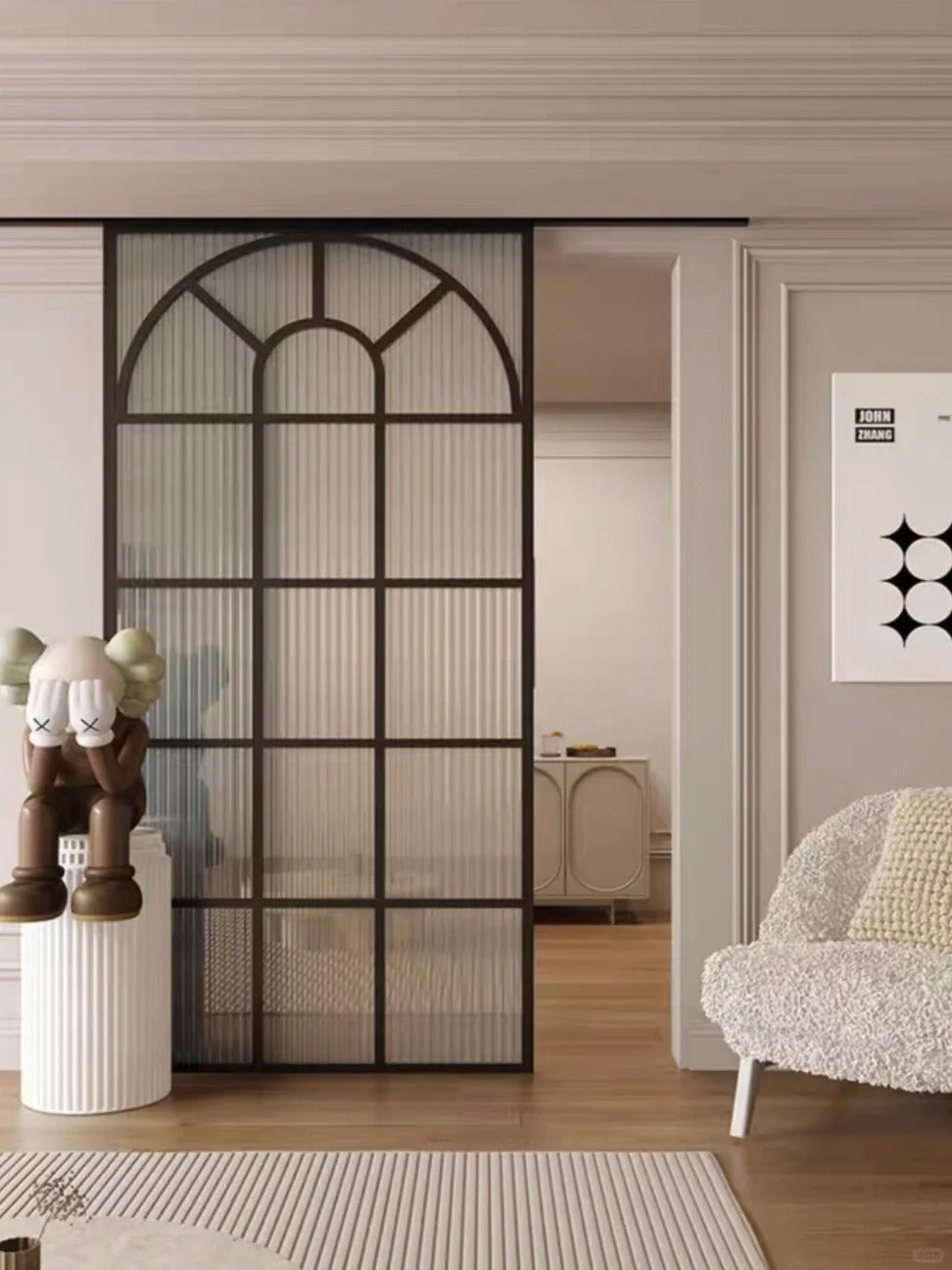 Rothnow French Style Aluminum Door 16x45 Series slim frame barn door with clear glass for living room, white finish.