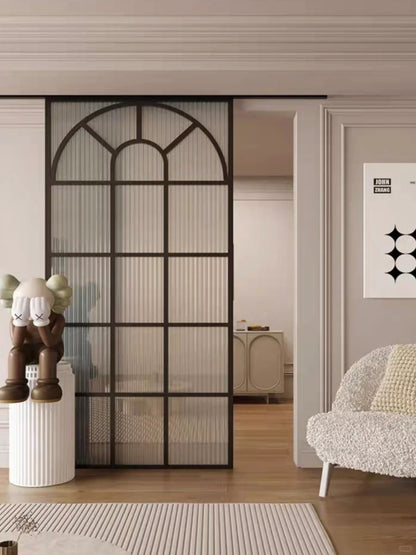 Rothnow French Style Aluminum Door 16x45 Series slim frame barn door with clear glass for living room, white finish.