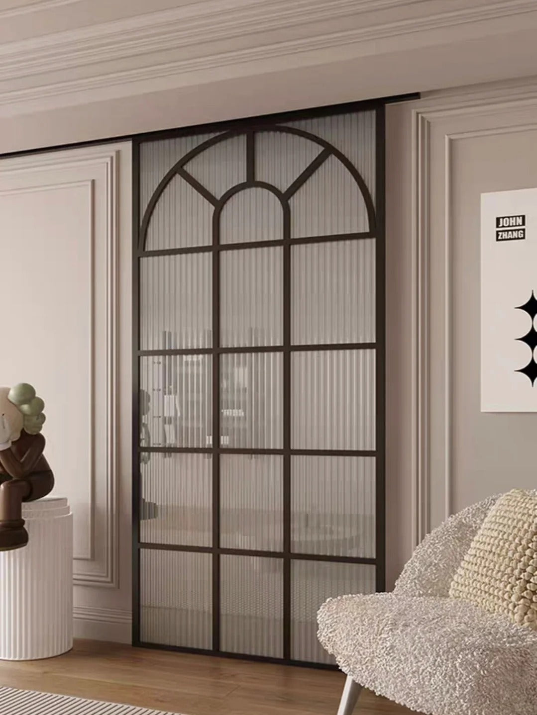 Rothnow French Style Aluminum Door 16x45 Series with clear glass and slim frame, ideal for living room barn door decor.