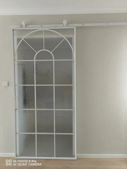 Rothnow French Style Aluminum Door in white, 16x45 series, with clear glass panel and super slim frame for modern barn door design.