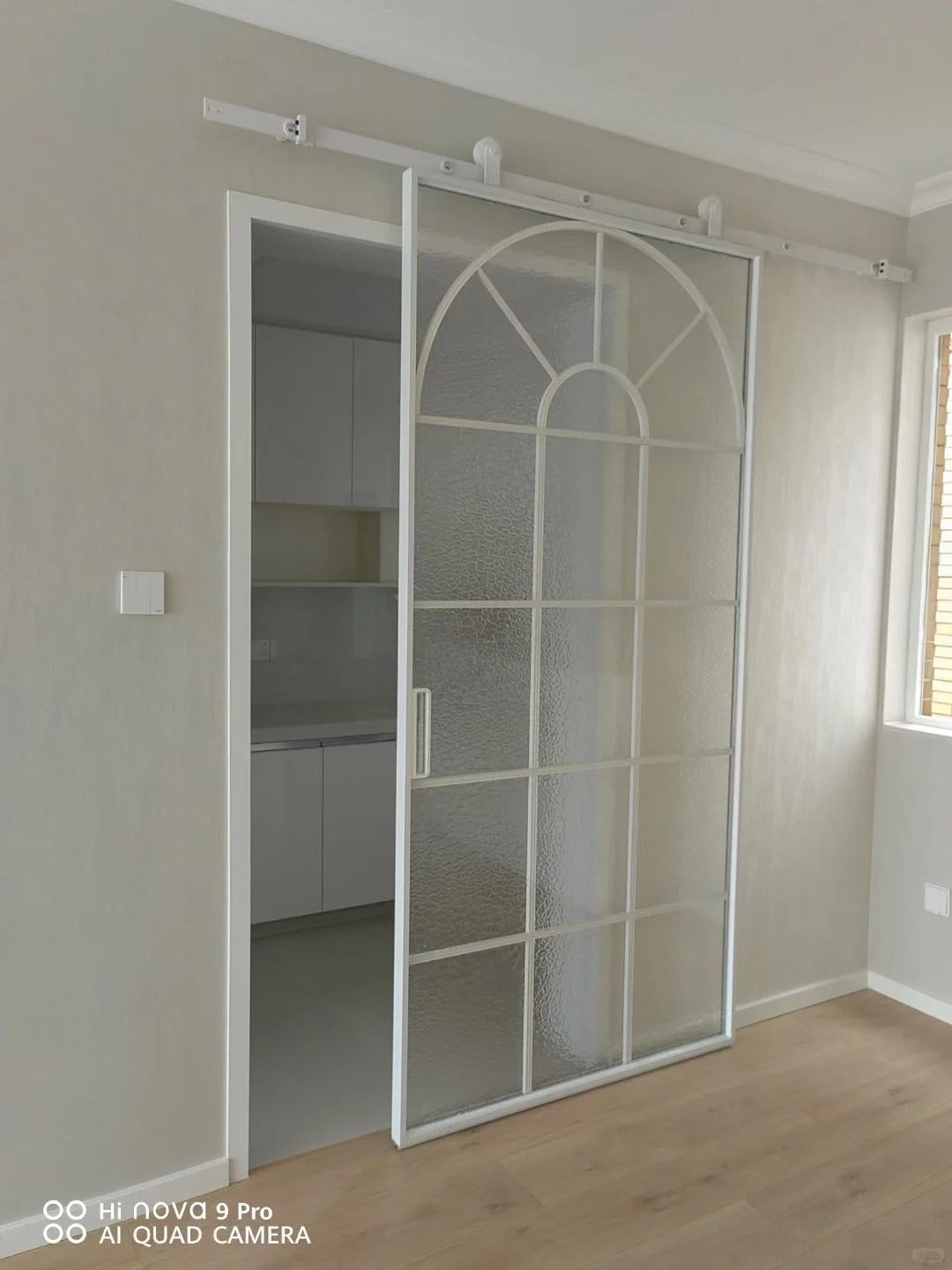 Rothnow French Style Aluminum Door 16x45 Series with white finish, clear glass, super slim frame, barn door design.