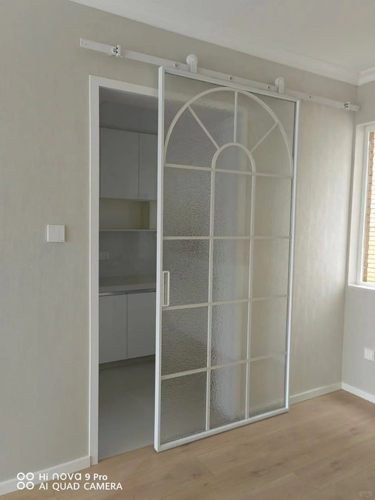 Rothnow French Style Aluminum Door 16x45 Series with white finish, clear glass, super slim frame, barn door design.