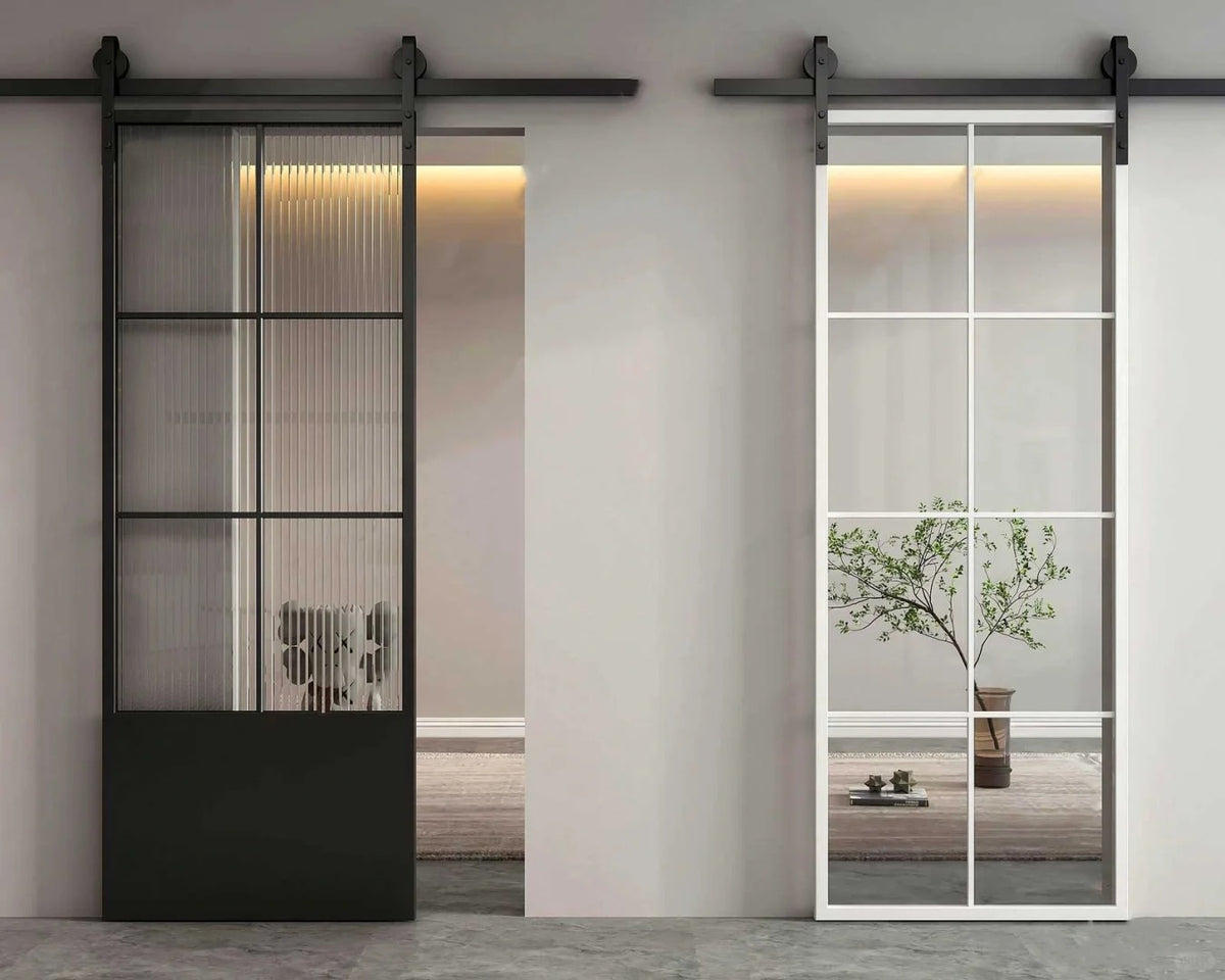 Rothnow® Minimalism aluminum barn door with slim frame, clear glass, white finish, 16x45 series American style door.