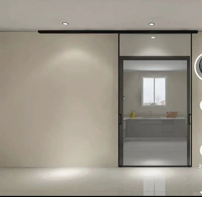 Rothnow® Waved Glass Aluminum Barn Door, 16x45 Series, clear glass with slim American-style frame, white finish, interior door.