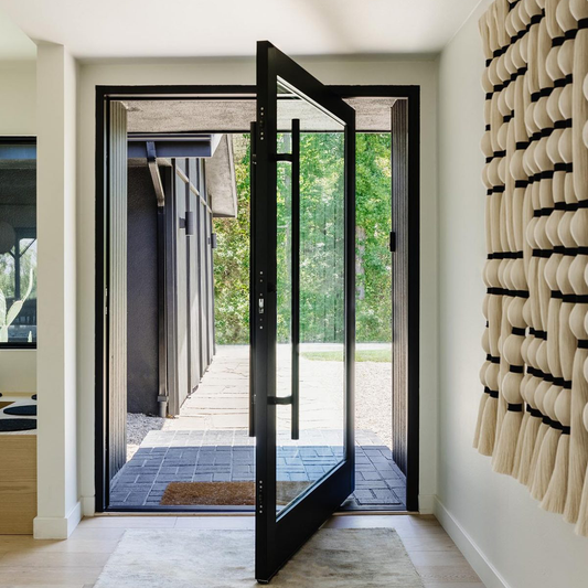 Rothnow® Aluminum Door 46 Series pivot door, black finish, 900mm wide by 2200mm high with 150mm width frame, modern design.