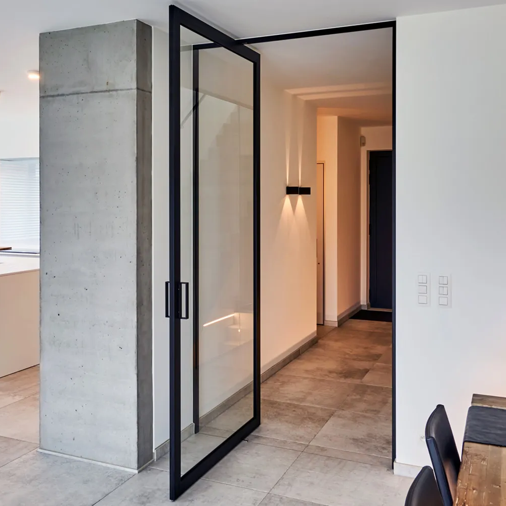Rothnow Aluminum Door 46 Series pivot door in black, 900mm wide x 2200mm high, with sleek modern design and sturdy construction.