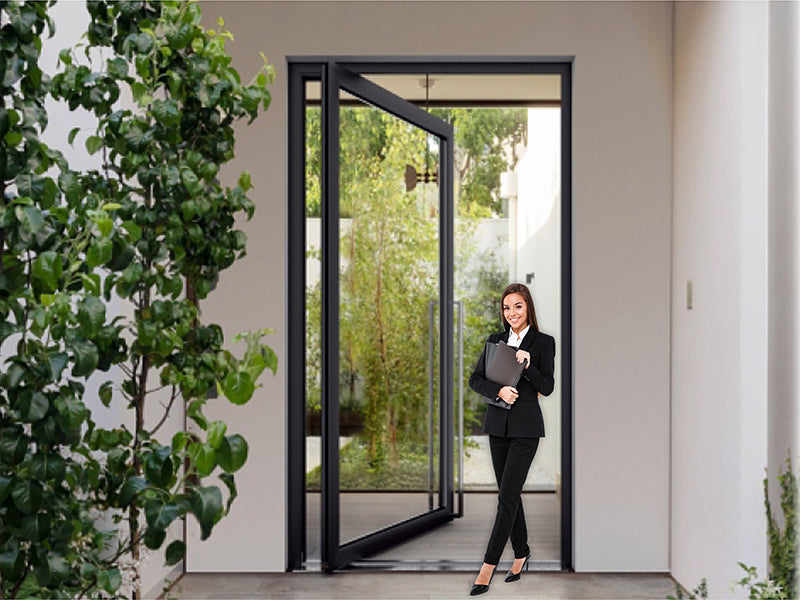Rothnow® Aluminum 46 Series Pivot Exterior Door in black, 900mm wide and 2200mm high, with sleek modern design.