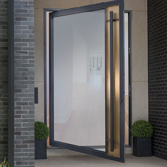 Rothnow® 46 Series aluminum pivot exterior door, 900mm wide by 2200mm high, with black finish and modern design.