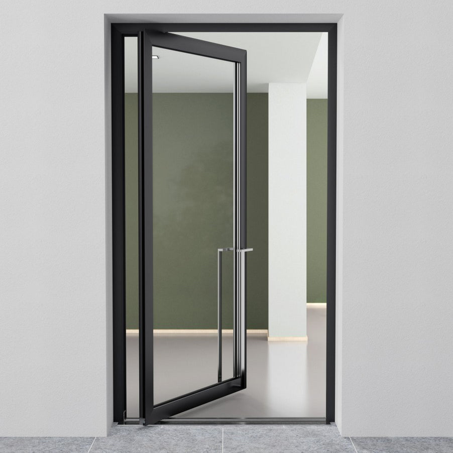 Rothnow® 46 Series black aluminum pivot exterior door with 900mm width and 2200mm height, featuring sleek modern design.