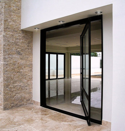 Black Rothnow 46 Series aluminum pivot exterior door with 900mm width and 2200mm height, showcasing modern design and sturdy construction.