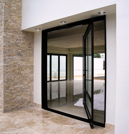 Black Rothnow 46 Series aluminum pivot exterior door with 900mm width and 2200mm height, showcasing modern design and sturdy construction.