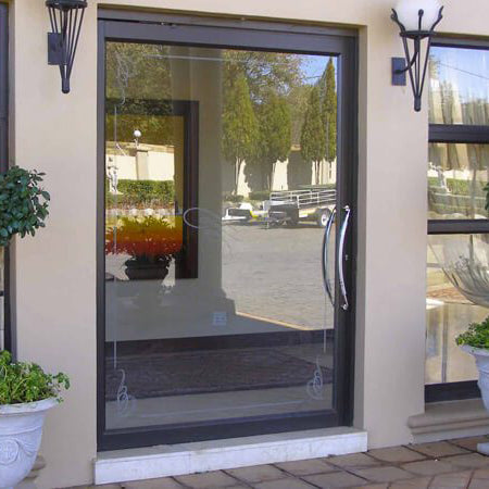 Black Rothnow® Aluminum 46 Series Pivot Exterior Door, 900mm wide by 2200mm tall, with sleek modern design and sturdy construction.