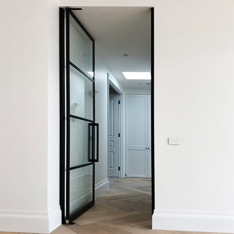 Rothnow® Aluminum 46 Series Pivot Door with black finish and line decoration, measuring 900mm wide by 2200mm high.