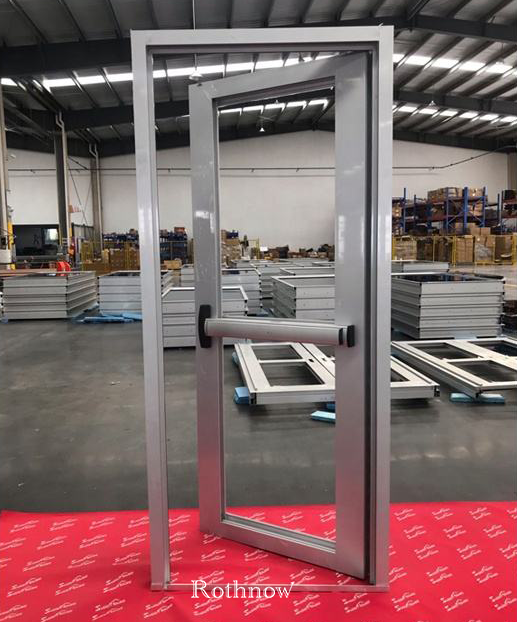 Rothnow® Aluminum 50 Series Swing Door with black finish, push rod lock, 900mm width, 2200mm height, and 150mm thickness.