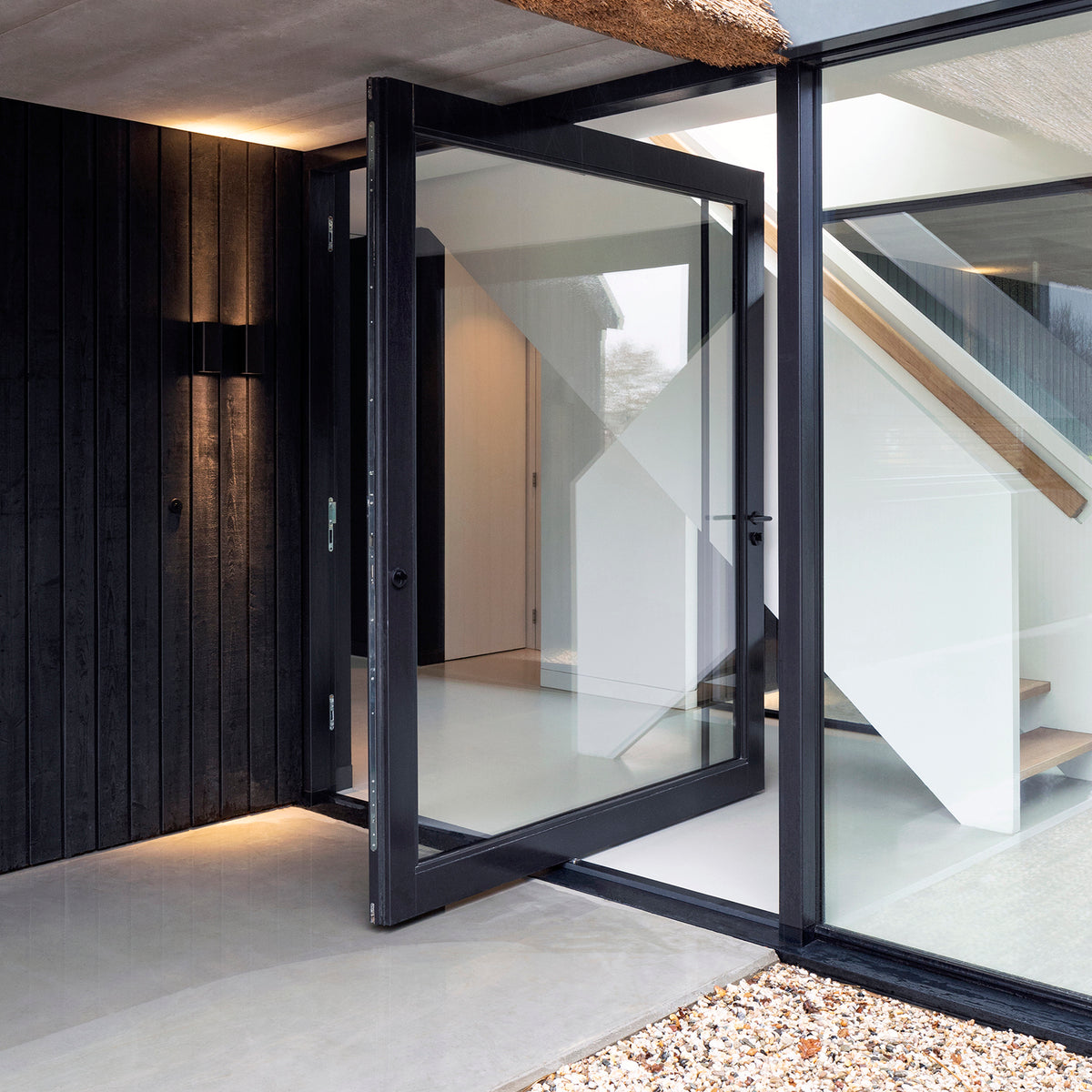 Black Rothnow 46 Series aluminum pivot door, customized size 900mm wide by 2200mm high, with sleek modern design.