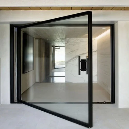 Black Rothnow 46 Series aluminum pivot door, customized size 900mm wide by 2200mm high, with sleek modern design.