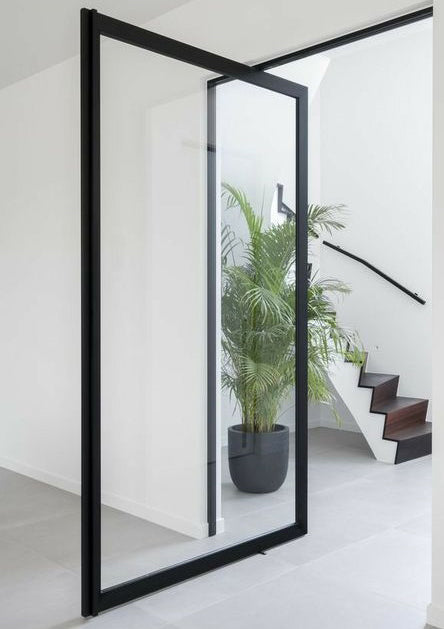 Rothnow® customized 46 Series aluminum pivot door, 900mm wide by 2200mm high, with black finish and sleek modern design.