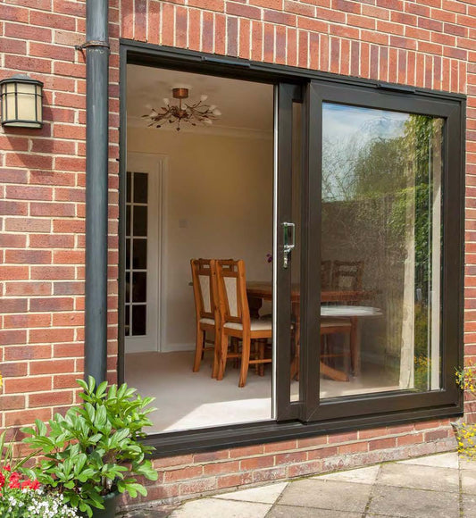Rothnow vinyl sliding UPVC door with black finish, 900mm wide and 2200mm high, featuring a sleek modern design.