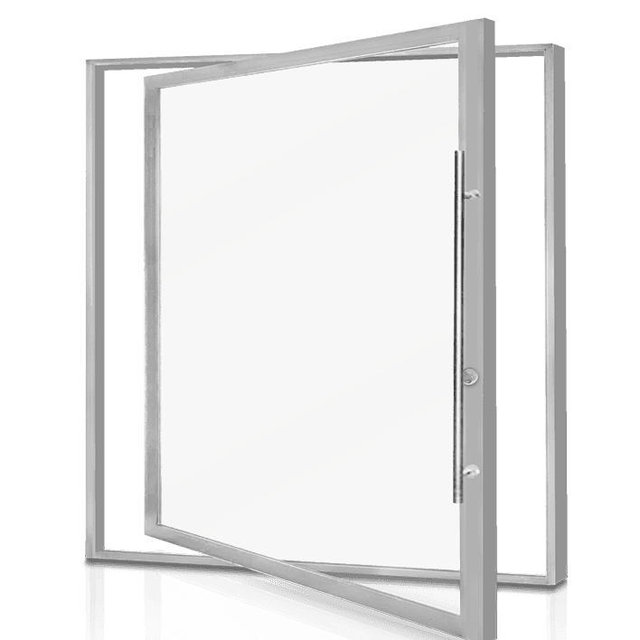 White aluminum Rothnow 46 Series pivot door, 900mm wide by 2200mm high, with black accents, showcasing modern design and sturdy construction.