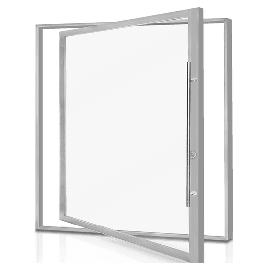 White aluminum Rothnow 46 Series pivot door, 900mm wide by 2200mm high, with black accents, showcasing modern design and sturdy construction.