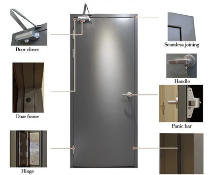 Rothnow steel fire-rated door with UL certification, 990mm wide and 2360mm high, installed in a wall for fire safety.