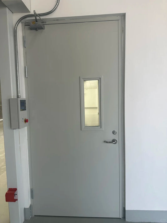 Rothnow steel fire-rated door RN-SFD08 swing door with 990mm width, 2360mm height, and 150mm wall thickness, door hinge side visible.