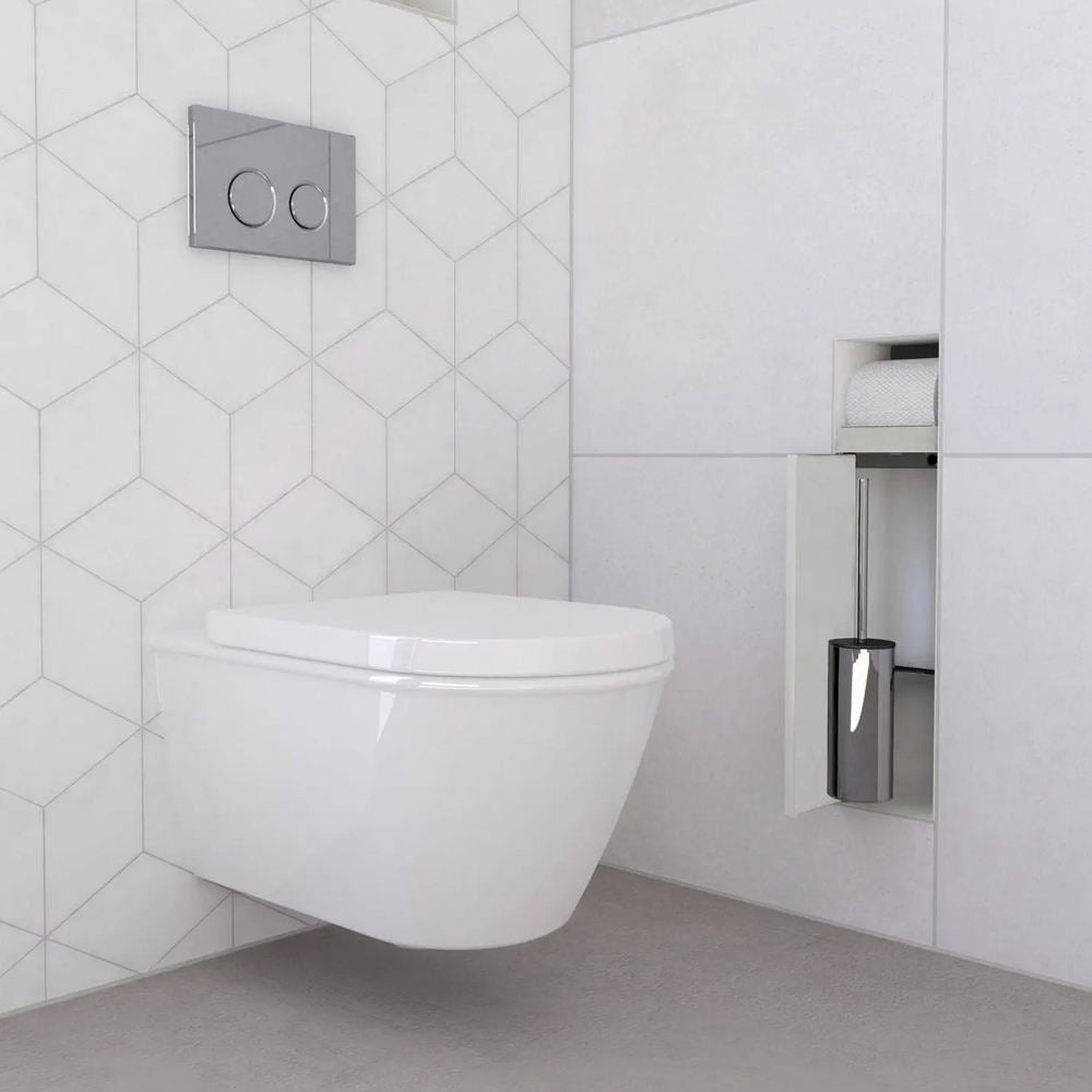 Black Rothnow square shower niche with built-in toilet paper holder, wall-mounted bathroom storage for toiletries.