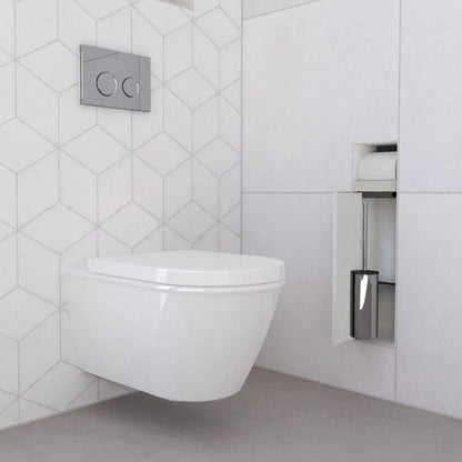 Black Rothnow square shower niche with built-in toilet paper holder, wall-mounted bathroom storage for toiletries.