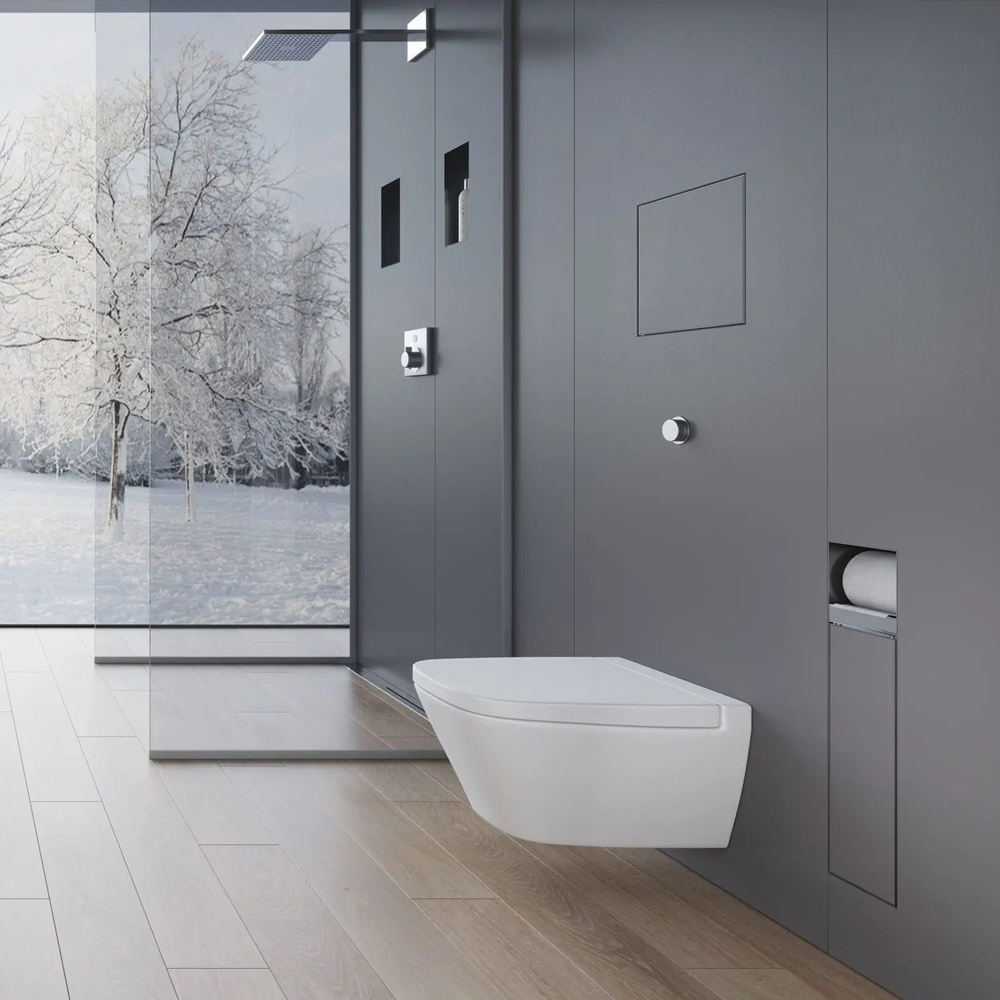 Black Rothnow Square Shower Niche with Toilet Paper Holder, wall-mounted bathroom storage and accessory in modern design.