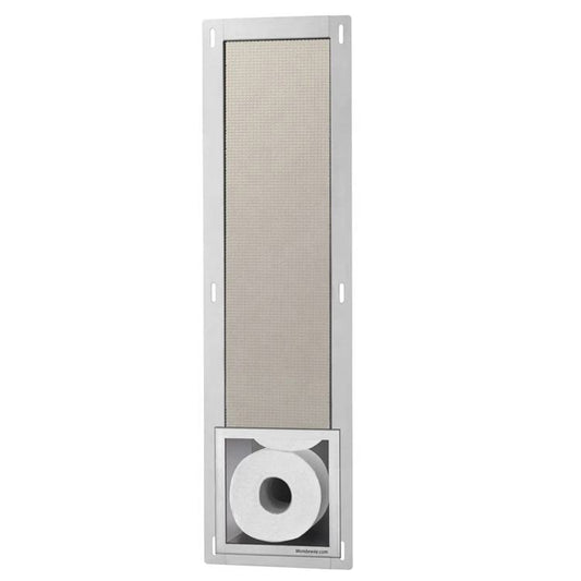 Black Rothnow® square wall shower niche with built-in toilet paper holder, modern bathroom storage solution.