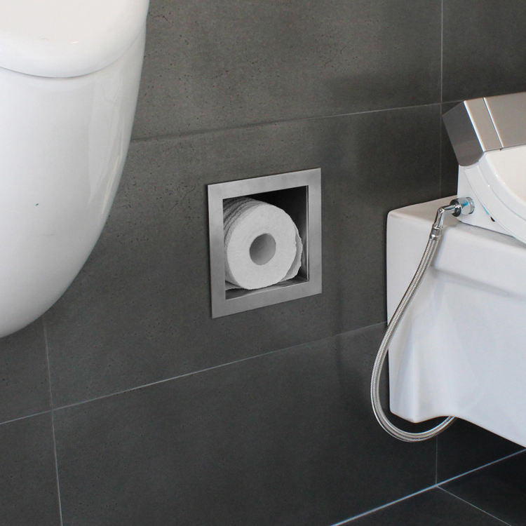 Black Rothnow® Square Shower Niche with Toilet Paper Holder, wall-mounted bathroom storage and toilet paper rack.