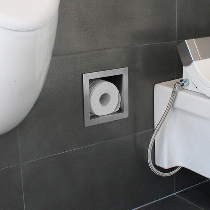Black Rothnow® Square Shower Niche with Toilet Paper Holder, wall-mounted bathroom storage and toilet paper rack.